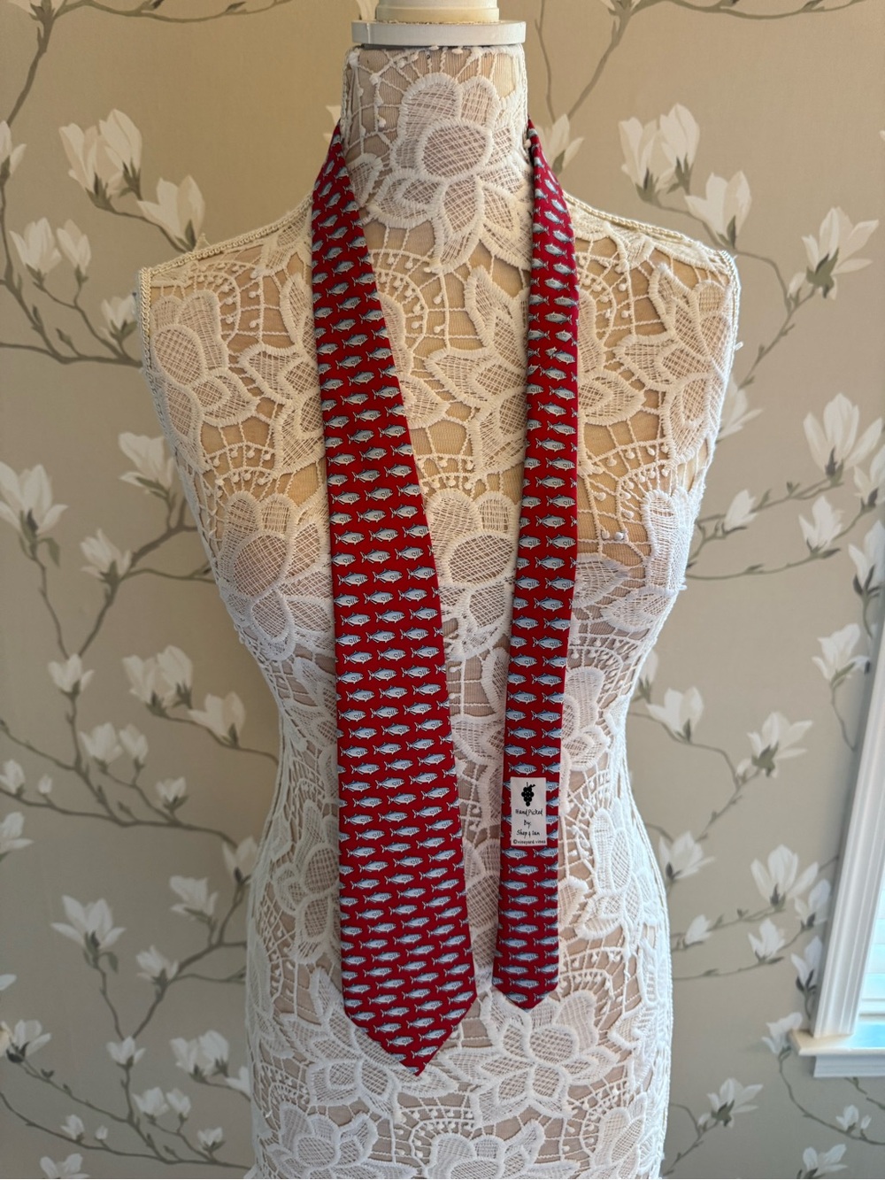 Vineyard Vines Red Tie with Light Blue Fish Pattern